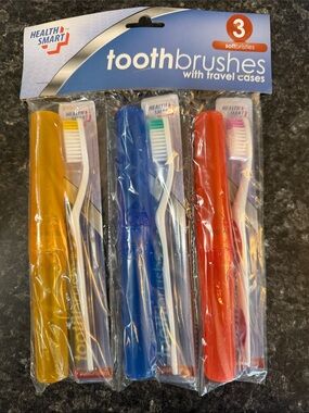 Health Smart Travel Toothbrushes - Yellow, Blue, Red (3 Pack) Soft Bristles